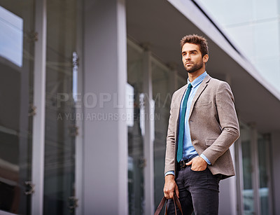 Buy stock photo Business man, town and commute outdoors on journey, professional and travel to office building. Male person, architect and serious face in urban city, confident and work trip for job opportunity
