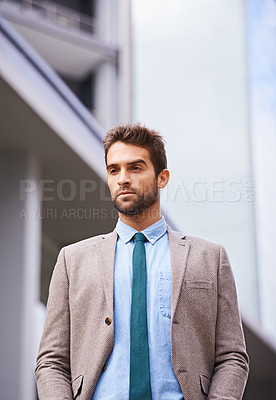 Buy stock photo Businessman, thinking and planning for career or job, corporate and entrepreneur outside. Business person, professional and outdoor for fresh air, sales consultant and idea for startup project
