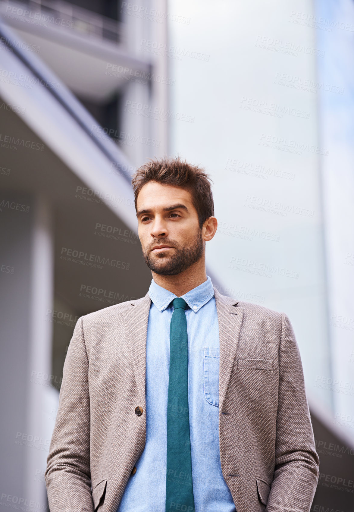 Buy stock photo Businessman, thinking and planning for career or job, corporate and entrepreneur outside. Business person, professional and outdoor for fresh air, sales consultant and idea for startup project