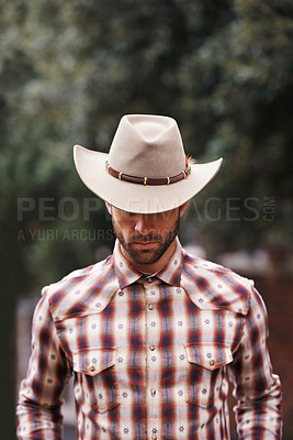 Buy stock photo Cowboy, hat and man for fashion, farmer and clothes for western and ranch in Texas for rodeo on mockup. Young person and serious with checkered shirt and attractive for culture, style and trend    