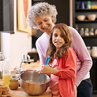 Buy stock photo Baking, mix or portrait of grandmother with child in kitchen teaching a recipe for support or learning in home. Family, cooking or girl with bowl, grandma or senior woman for dinner, supper or lunch