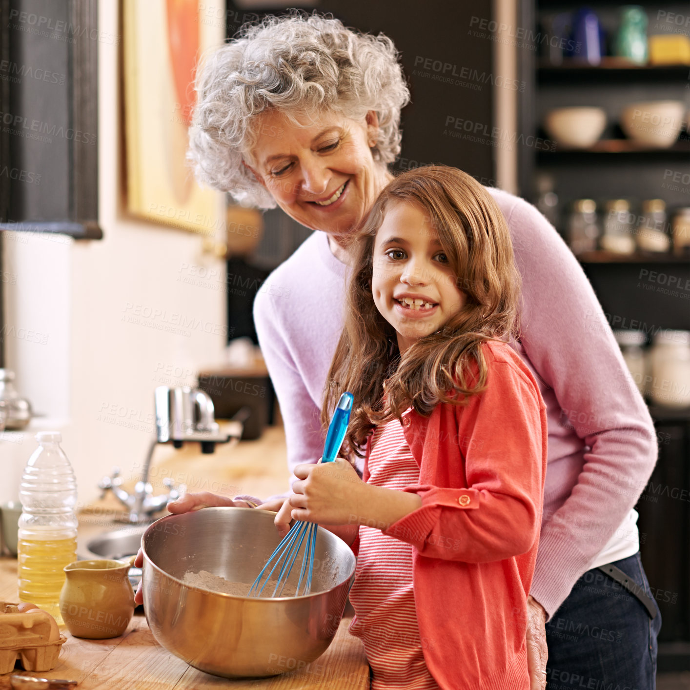 Buy stock photo Baking, mix or portrait of grandmother with child in kitchen teaching a recipe for support or learning in home. Family, cooking or girl with bowl, grandma or senior woman for dinner, supper or lunch