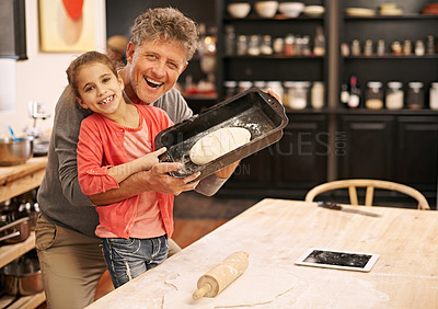 Buy stock photo Portrait, baking and girl with grandfather, kid and excited with ingredients and dough with recipe. Teaching, grandad and child development with skills and bonding together with hobby and activity