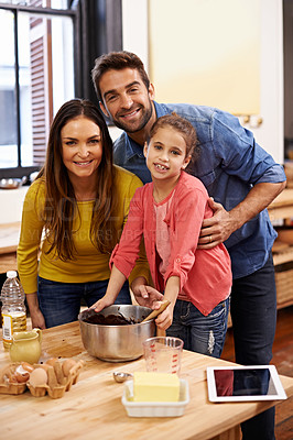 Buy stock photo Parents, kid and baking with tablet for recipe online with ingredients for cake or dessert with support and handmade. Mom, dad and girl child in kitchen together with love for bonding or teaching.