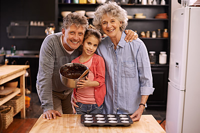 Buy stock photo Portrait, grandparents and girl in a kitchen, baking and ingredients for hobby and bonding together. Face, old man or senior woman with grandkid or child development with recipe, fun or weekend break