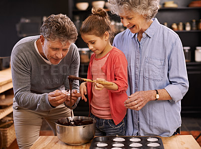 Buy stock photo Teaching, baking and grandparents with girl, help and ingredients with hobby and bonding together. Family, old man and senior woman with grandchild and utensils with recipe and activity in a kitchen