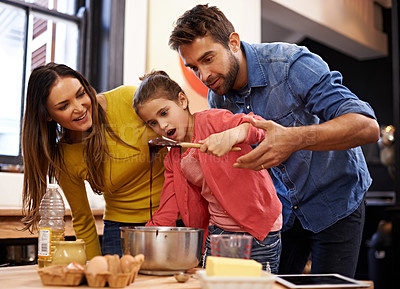 Buy stock photo Parents, girl and kitchen for baking with love, ingredients for cake or dessert with support and handmade with care. Mom, dad and kid with wow face for mixture with bonding or teaching with affection