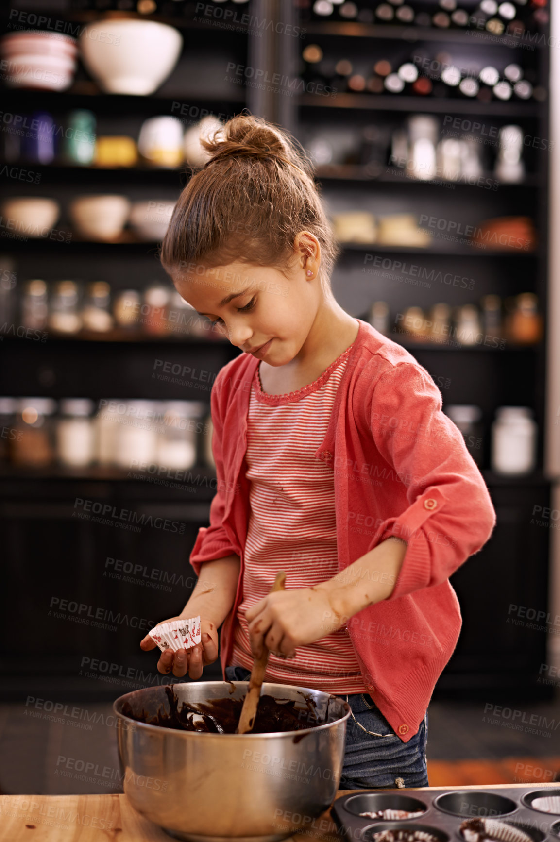 Buy stock photo Girl, bake and learning with kid, food and ingredients with utensils and child development with dessert. Home, apartment and kitchen with recipe and prepare with pan and cupcake with joy and mixture