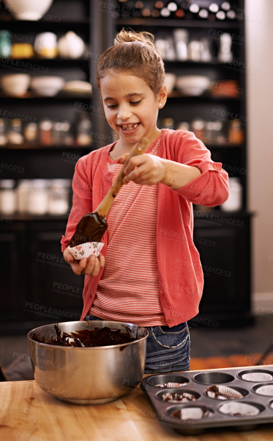 Buy stock photo Girl, baking and learning with kid, smile and ingredients with utensils and child development with dessert. Home, apartment or kitchen with recipe and prepare with food or cupcake with joy or mixture