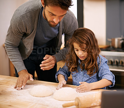 Buy stock photo Pizza, dough and child with father in kitchen and teaching recipe, guide and learning to meal prep food. Cooking, together and girl helping with rolling pin and baking with dad in home for dinner