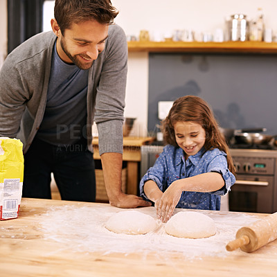 Buy stock photo Father, happy and child hands baking, helping and dough with flour on counter table, parent and kid together and smile. Family home, cooking activity and fun bonding for meal preparation in kitchen