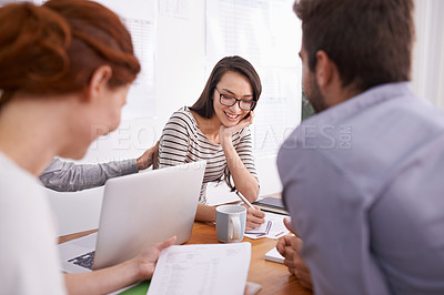 Buy stock photo Team in creative meeting, people brainstorming ideas and happy working together in conference room. Planning, collaboration with men and women in strategy discussion at startup and writing notes