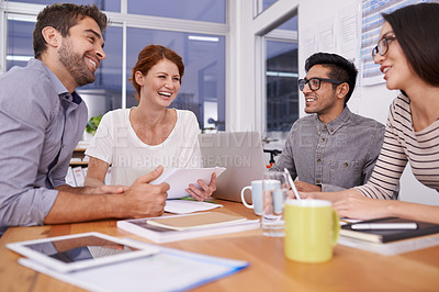Buy stock photo Team laughing together, creative people in meeting with collaboration and project planning in conference room. Brainstorming, teamwork with young men and women in strategy discussion in workplace
