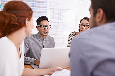 Buy stock photo People in creative meeting, brainstorming and team in conference room with laptop. Plan, collaboration with men and women in strategy discussion at digital marketing startup, productivity and ideas