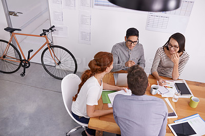 Buy stock photo Team in conference room, creative people in meeting with collaboration, project planning and top view. Brainstorming, teamwork and strategy discussion in workplace, young men and women work together