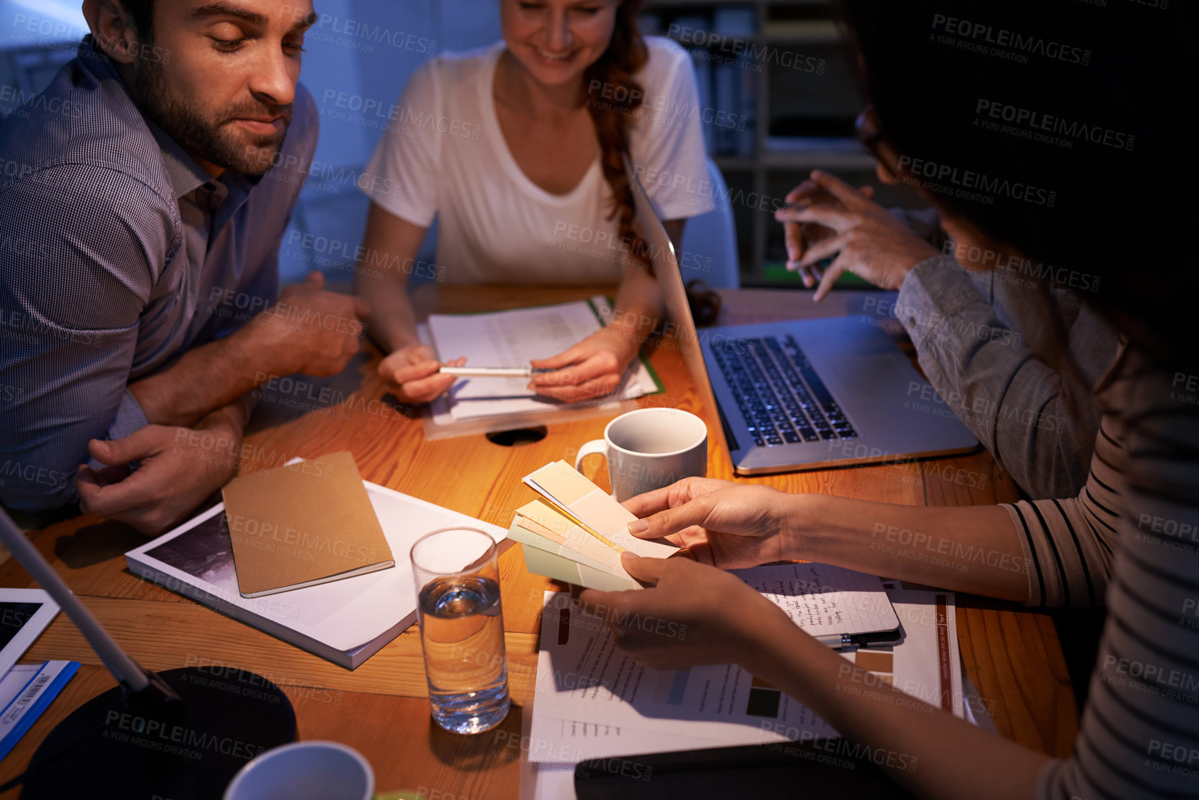 Buy stock photo Teamwork, night and a business group working in the boardroom for planning, strategy or innovation. Meeting, collaboration and overtime with a team of employees at work for design in the evening