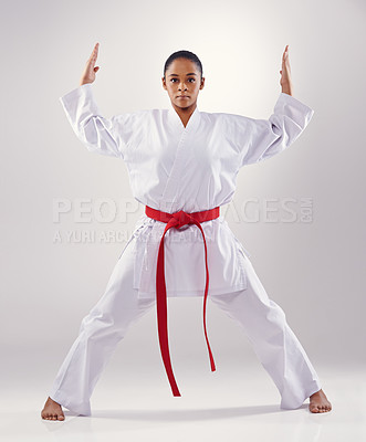 Buy stock photo Woman, portrait and hands for karate in studio, fitness and martial arts on white background. Black person, athlete and red belt for taekwondo, discipline and warrior ready for self defense or battle