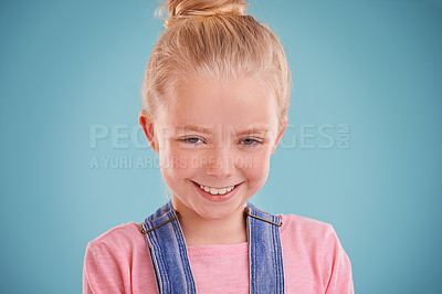 Buy stock photo Child, smile and portrait in studio for tween, young and growing up for adolescent, innocent and growth for cute. Little girl or kid and happy for junior, childhood and children for joy and adorable 