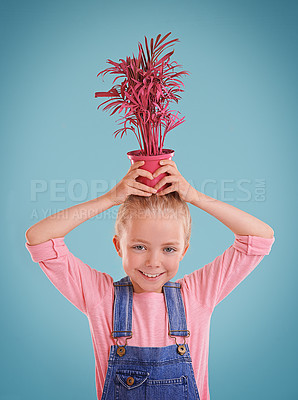 Buy stock photo Portrait, plant and girl with pot on her head, smile and happiness on a blue studio background. Face, child and kid with nature and funky with promotion and playful with fun and cheerful with joy