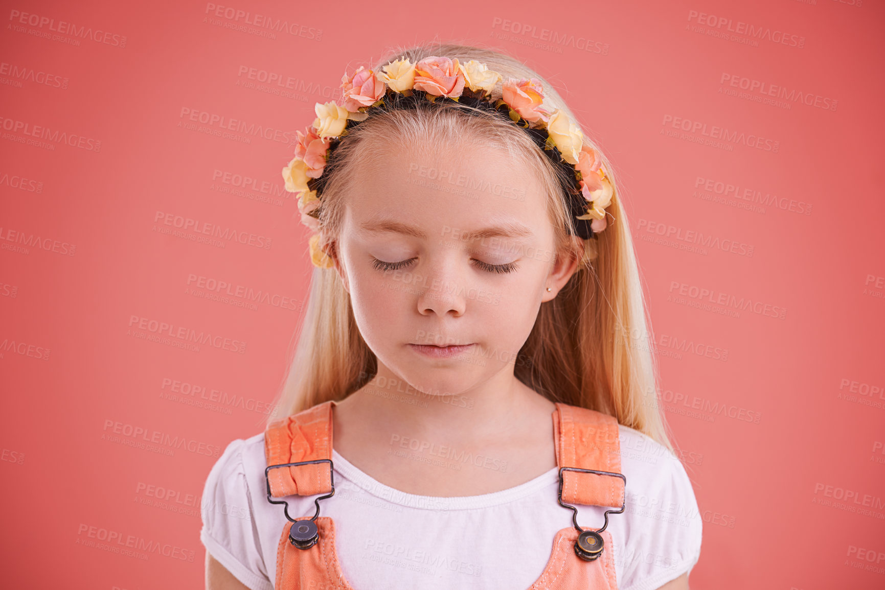 Buy stock photo Fashion, flower crown and girl child in studio with casual, trendy and cute outfit with calm face. Peace, stylish and young kid model with cool style and floral headband isolated by pink background.