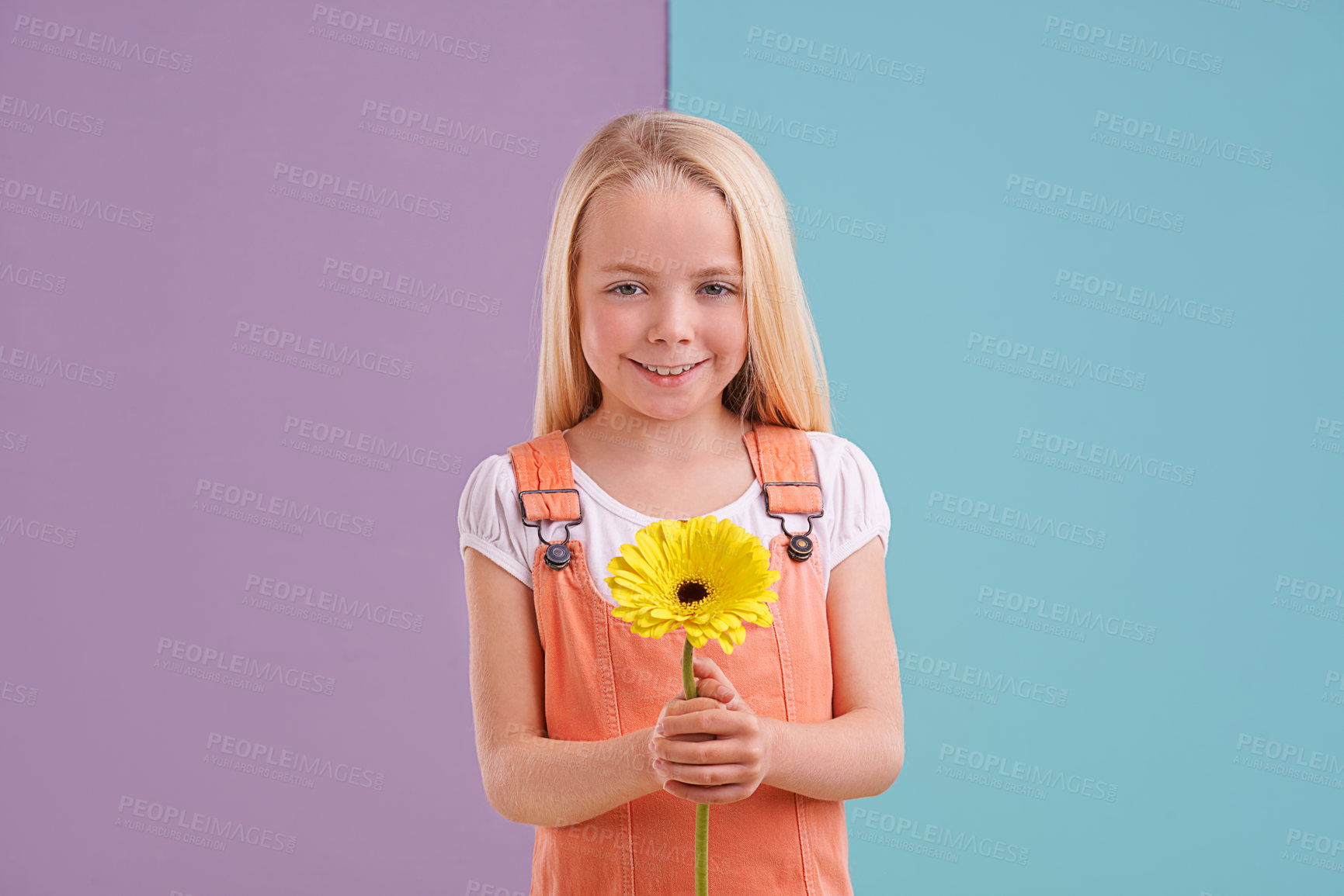 Buy stock photo Fashion, flower and portrait of child in studio with cute, trendy and casual dress for outfit. Sweet, smile and young girl kid with style and yellow floral plant for gift by color block background.