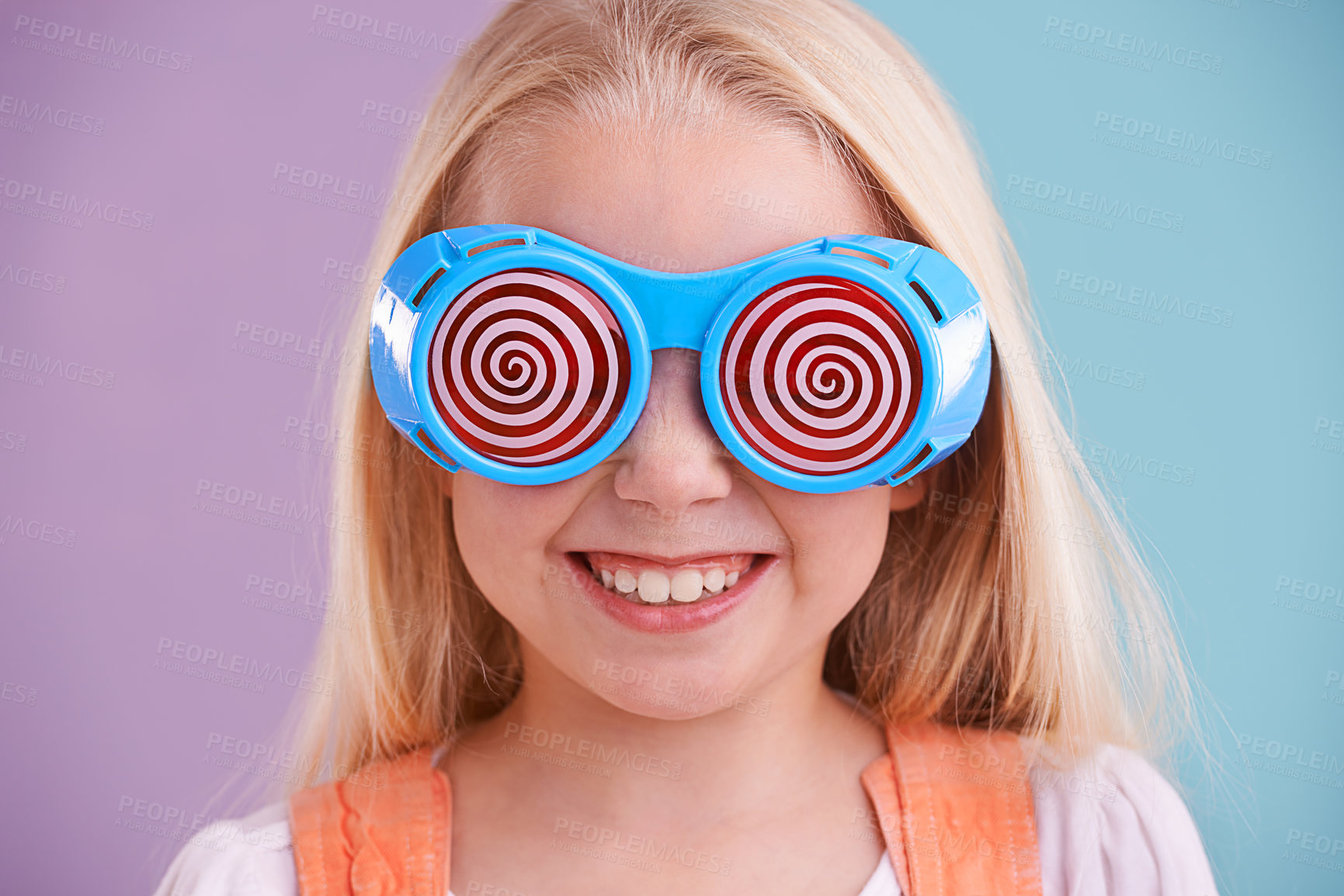 Buy stock photo Child, studio and colour with fashion glasses, happy smile on girl with hypnotic cute eyewear. Groovy, funky and playful hipster style, trendy kid with cool vibrant bright pattern for accessories