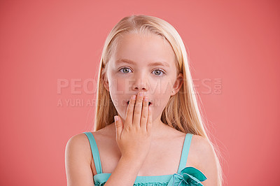 Buy stock photo Wow, surprise and portrait of girl in studio with hand on mouth for secret, gossip or news on pink background. Omg, face and kid model with oops emoji, shock or announcement, promo or unexpected info