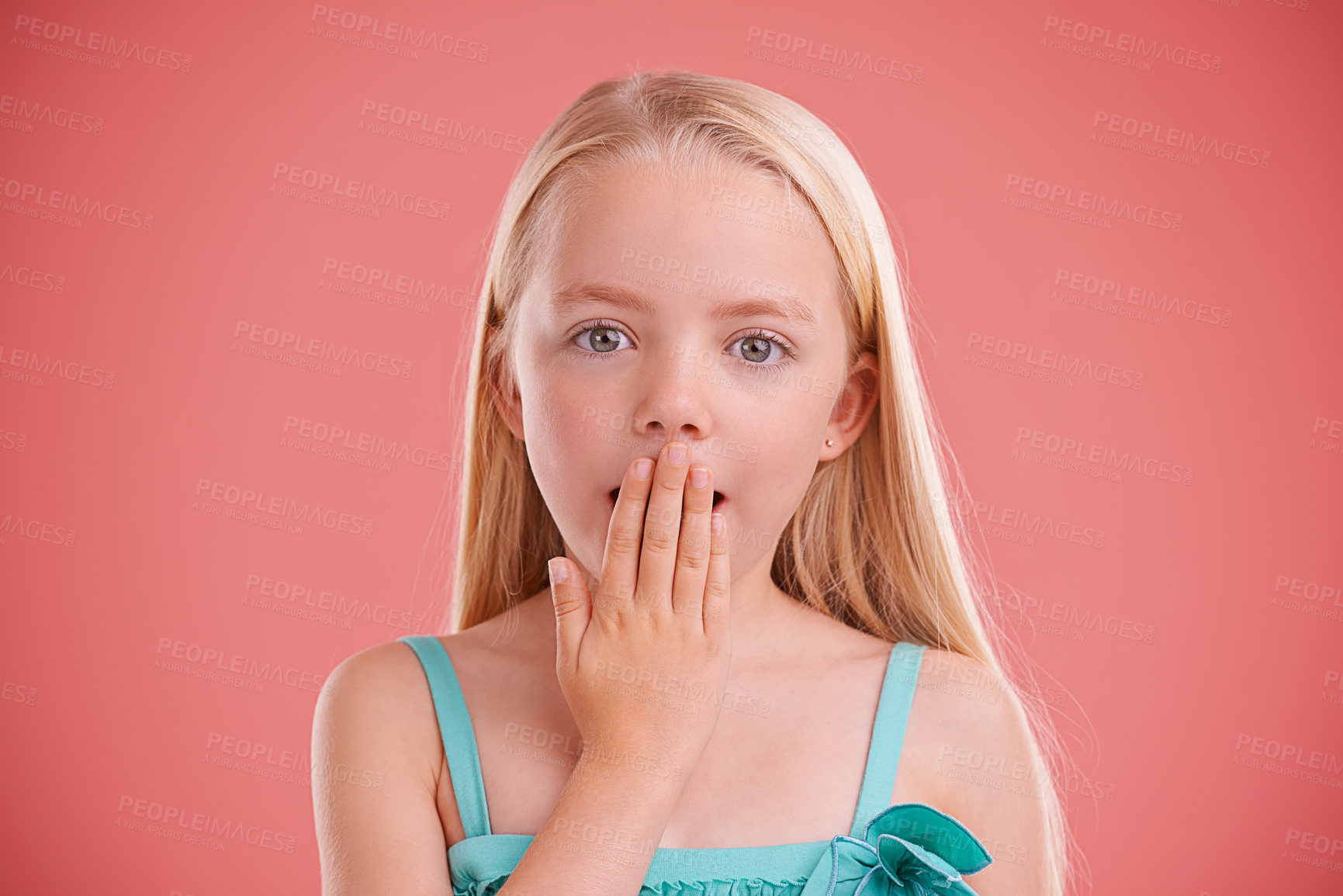 Buy stock photo Wow, surprise and portrait of girl in studio with hand on mouth for secret, gossip or news on pink background. Omg, face and kid model with oops emoji, shock or announcement, promo or unexpected info