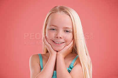 Buy stock photo Girl, portrait and kid for growth in studio, child development and proud on pink background. Happy female person, touch and confident for childhood on backdrop, positive attitude and satisfaction