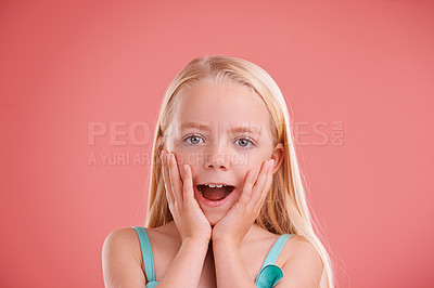 Buy stock photo Children, wow and girl with hands on face in studio for news, information or promo on pink background. Omg, portrait and female kid model with emoji surprise for announcement, deal or giveaway offer