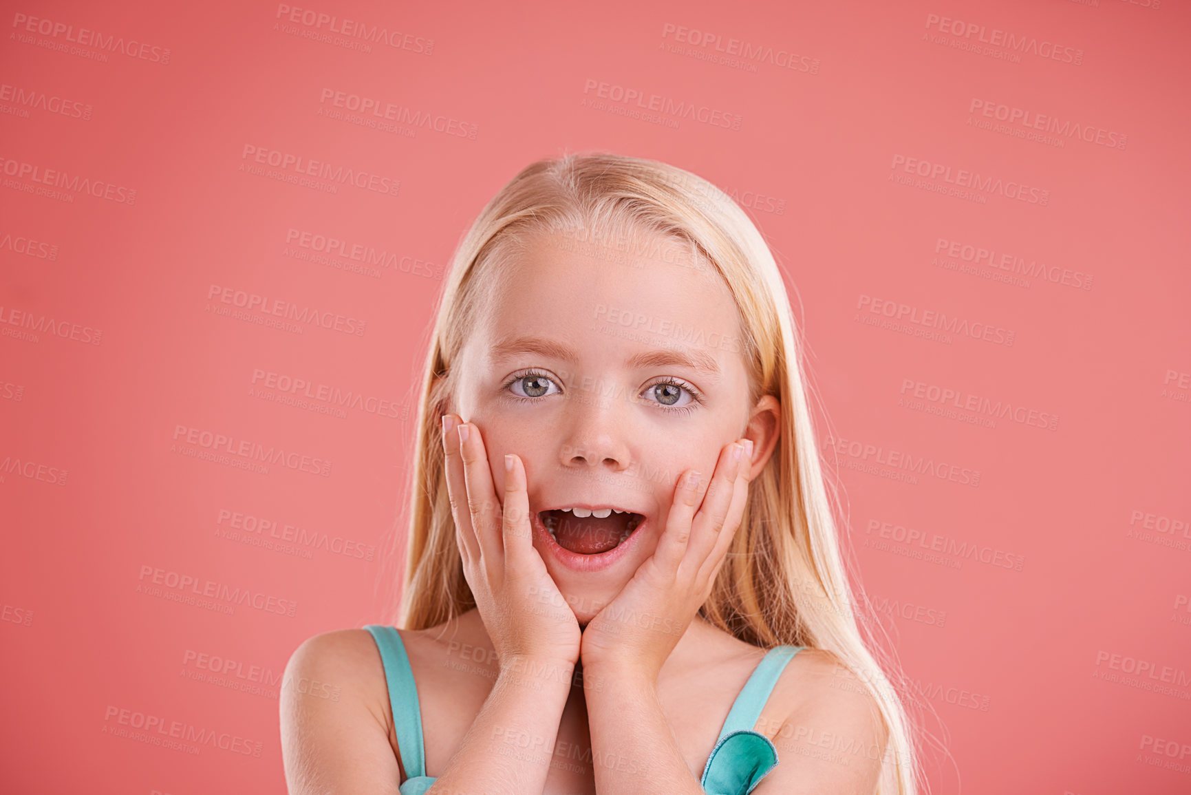 Buy stock photo Children, wow and girl with hands on face in studio for news, information or promo on pink background. Omg, portrait and female kid model with emoji surprise for announcement, deal or giveaway offer