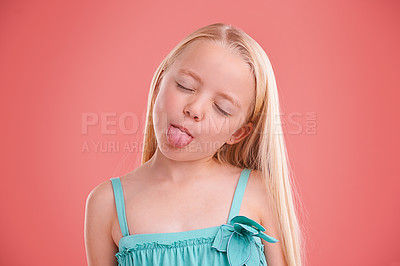 Buy stock photo Silly, funny and girl with expression for prank, mischief and fun in childhood isolated in studio background. Female child, gen z kid and tongue out for joke, cheerful and goofy or playful face  