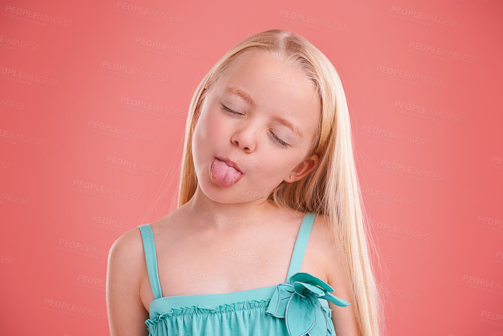 Buy stock photo Silly, funny and girl with expression for prank, mischief and fun in childhood isolated in studio background. Female child, gen z kid and tongue out for joke, cheerful and goofy or playful face  