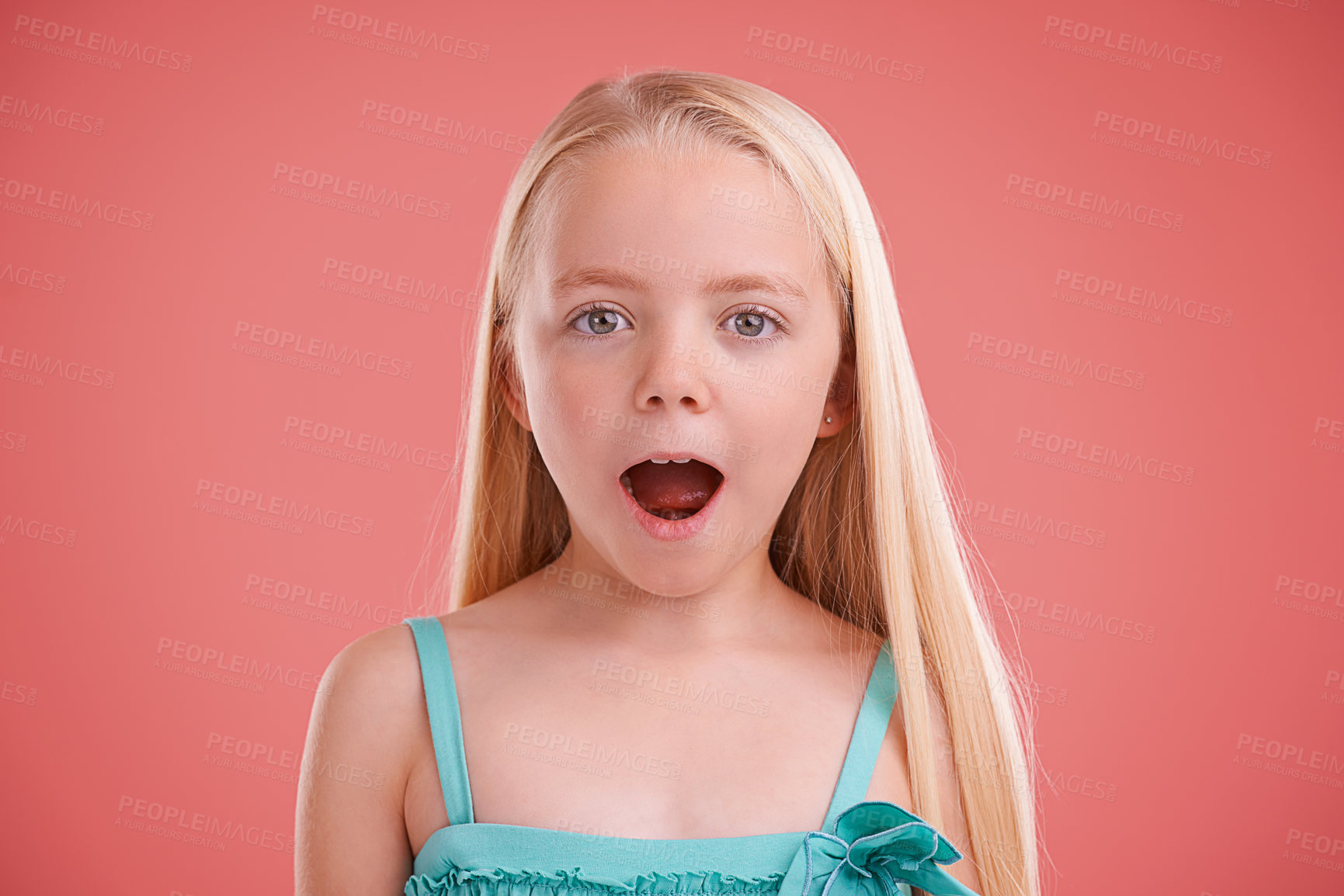 Buy stock photo Surprise, portrait and girl with expression for wow, shock  and omg in childhood isolated in studio background. Female child, gen z kid and face or mouth open for silly, amazed and announcement