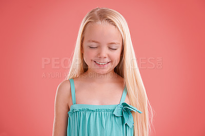 Buy stock photo Girl, kid and wish in studio, smile and child development or pray on pink background. Happy female person, dream and confident for childhood faith on backdrop, positive attitude and satisfaction