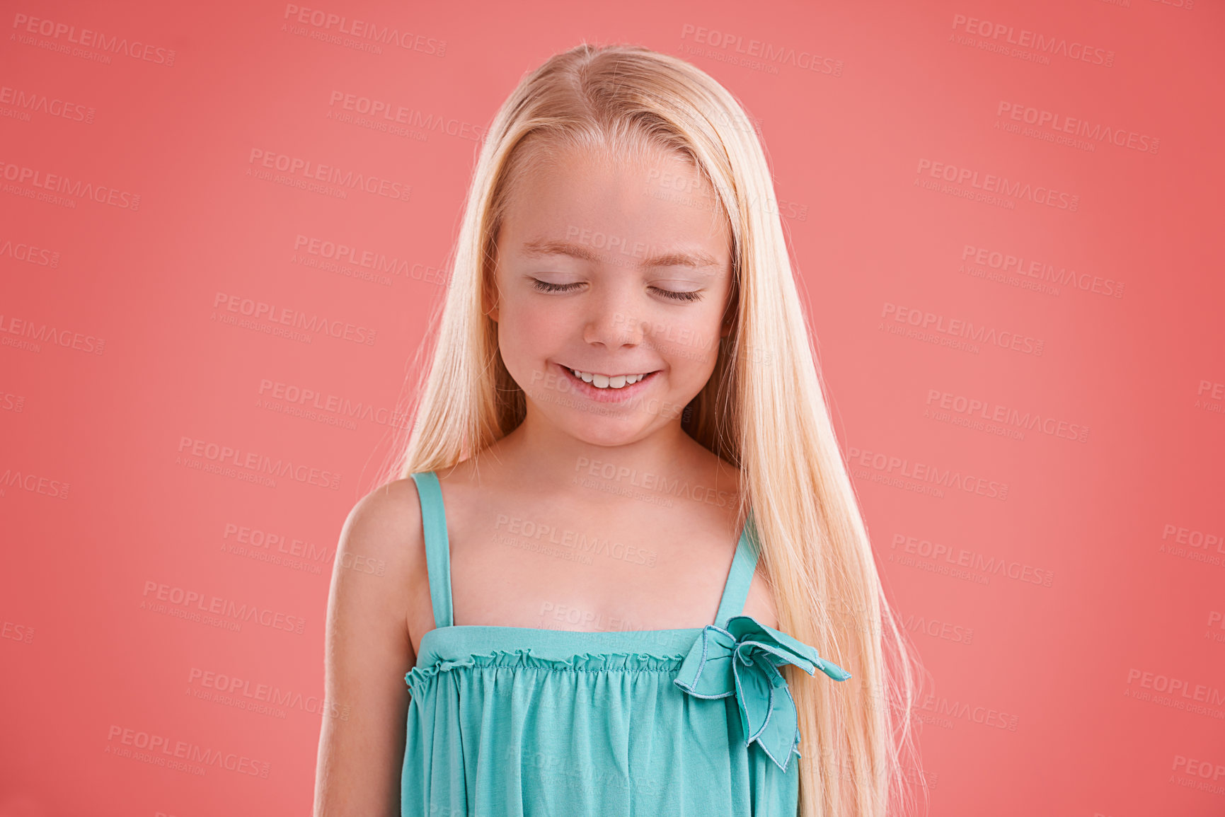 Buy stock photo Girl, kid and wish in studio, smile and child development or pray on pink background. Happy female person, dream and confident for childhood faith on backdrop, positive attitude and satisfaction