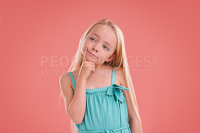 Buy stock photo Thinking, ideas and girl child in studio with brainstorming facial expression by mockup space. Planning, question and young kid model with guess, decision or choice face isolated by pink background.