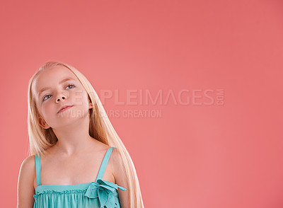 Buy stock photo Girl, child and thinking on growth in studio, brainstorming and ideas on pink background. Female person, kid planning and confidence for childhood on mockup space, contemplating and innocent ponder