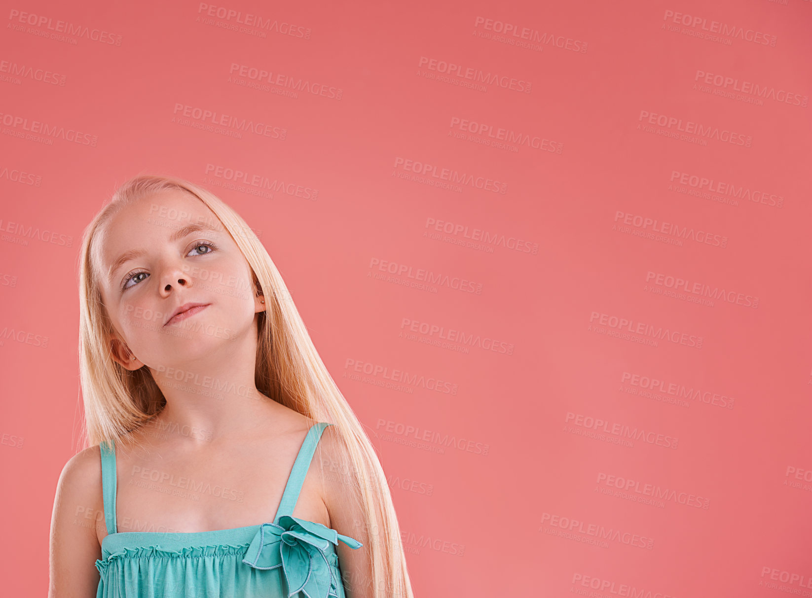 Buy stock photo Girl, child and thinking on growth in studio, brainstorming and ideas on pink background. Female person, kid planning and confidence for childhood on mockup space, contemplating and innocent ponder