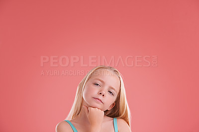 Buy stock photo Planning, ideas and girl child in studio with brainstorming facial expression by mockup space. Thinking, question and young kid model with guess, decision or choice face isolated by pink background.