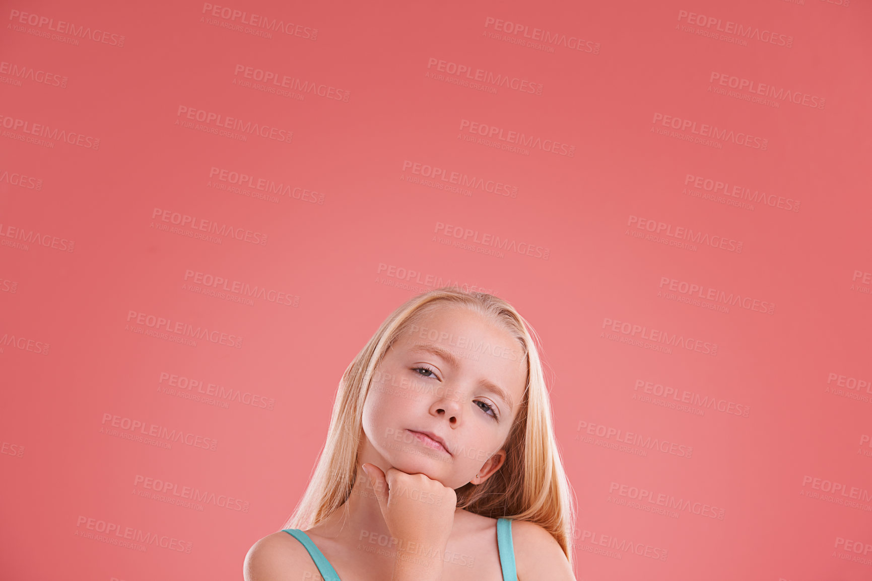 Buy stock photo Planning, ideas and girl child in studio with brainstorming facial expression by mockup space. Thinking, question and young kid model with guess, decision or choice face isolated by pink background.