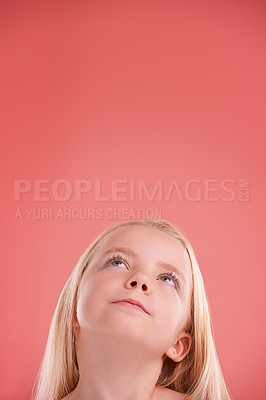 Buy stock photo Child, thinking and girl in studio for idea and wonder for adorable and growing up for adolescent and innocent. Young person or kid and looking for junior, childhood and children for cute on mockup