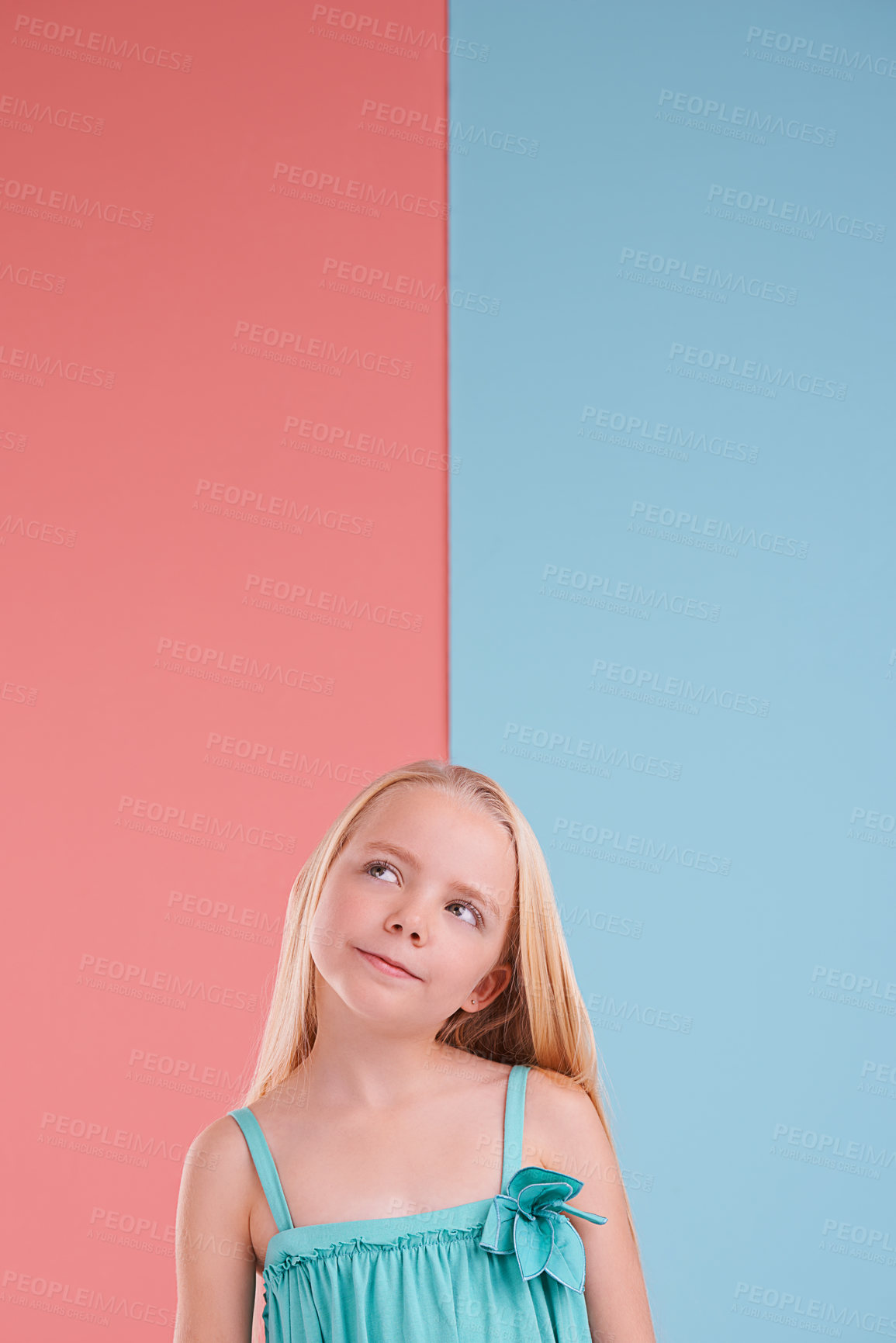 Buy stock photo Thinking, mockup and girl child in studio with brainstorming, ideas or memory facial expression. Planning, question and young kid model with guess, decision or choice face by color block background.