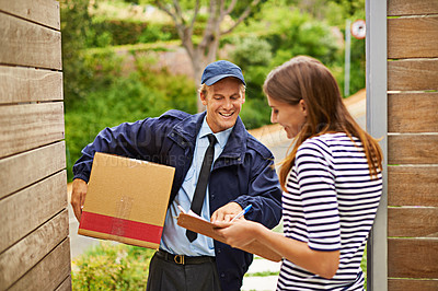 Buy stock photo Box, clipboard and deliveryman with woman at her home gate for ecommerce shipping package. Outdoor, order and courier driver with cardboard parcel with female person for signature at house entrance.