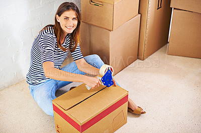 Buy stock photo Packing, boxes and portrait of woman in new home for moving to estate, property or apartment. Happy, excited and female person closing cardboard package for equipment and products in modern house.