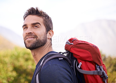 Buy stock photo Hiking, happy and relax with man on mountain for fitness, adventure and travel journey. Backpack, summer and workout with male hiker trekking in nature path for training, freedom and explore