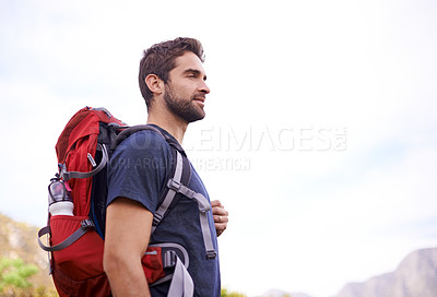 Buy stock photo Man, hiking and nature for exercise, health and wellness with view and mountain. Athlete, fitness  and adventure with summer, sunshine and backpack journey on cape town trail with travel and vacation