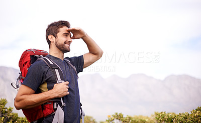 Buy stock photo Man, hike and mountain for recreation in environment and tree for nature and outdoor for fitness. Young person, smile and look with bag for active, walk and adventure for exercise and sport on mockup