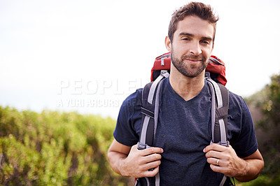 Buy stock photo Hiking, nature and portrait of man on mountain for fitness, adventure and travel journey. Backpack, summer and workout with face of male hiker trekking on path for training with mockup space