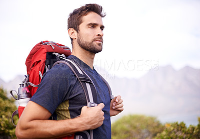Buy stock photo Man, hiking and mountain for fitness, health and wellness with view and nature. Athlete, exercise and adventure with summer, sunshine and backpack journey on cape town trail with travel and vacation